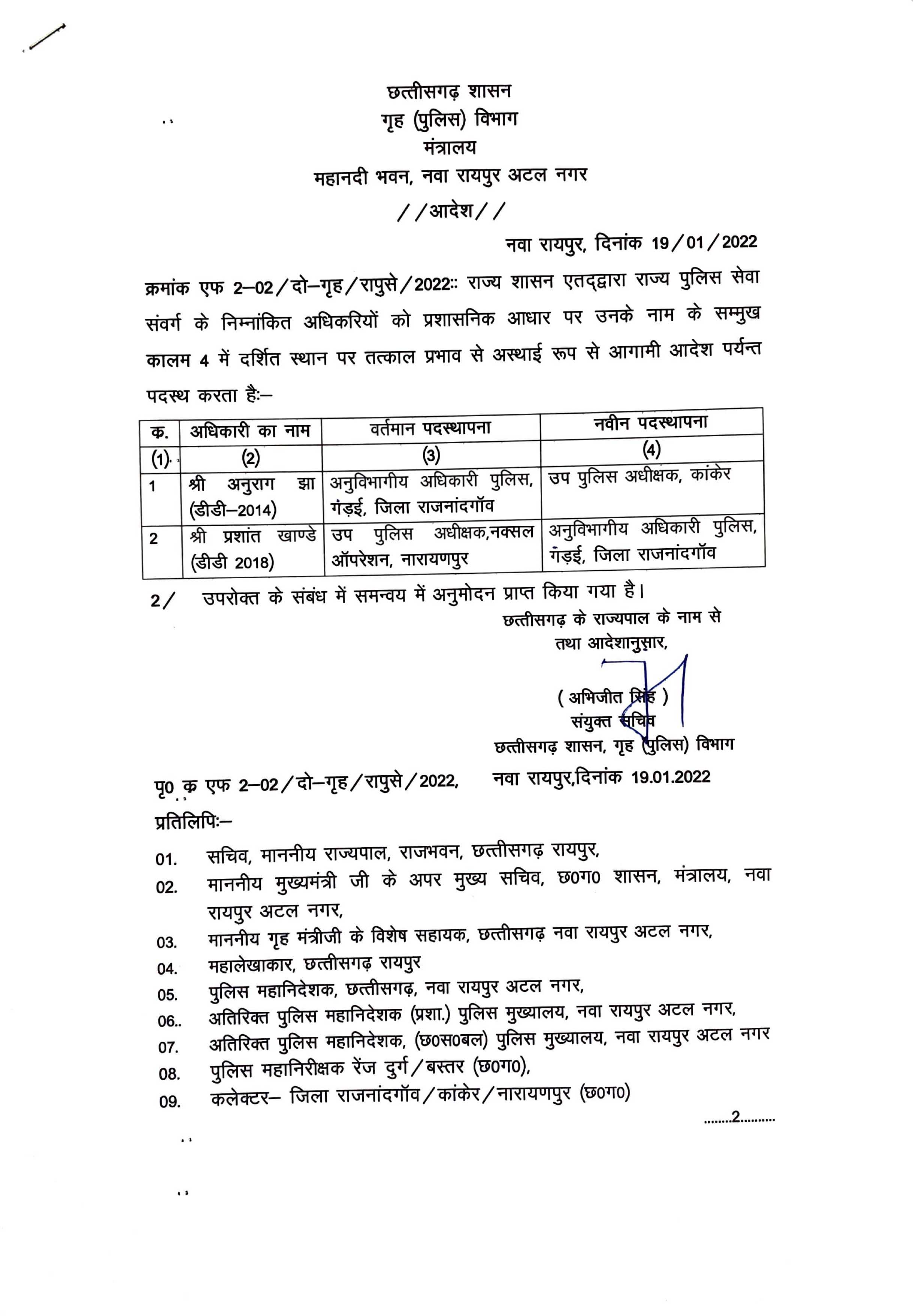 राज्य पुलिस सेवा के दो अफसरों का तबादला