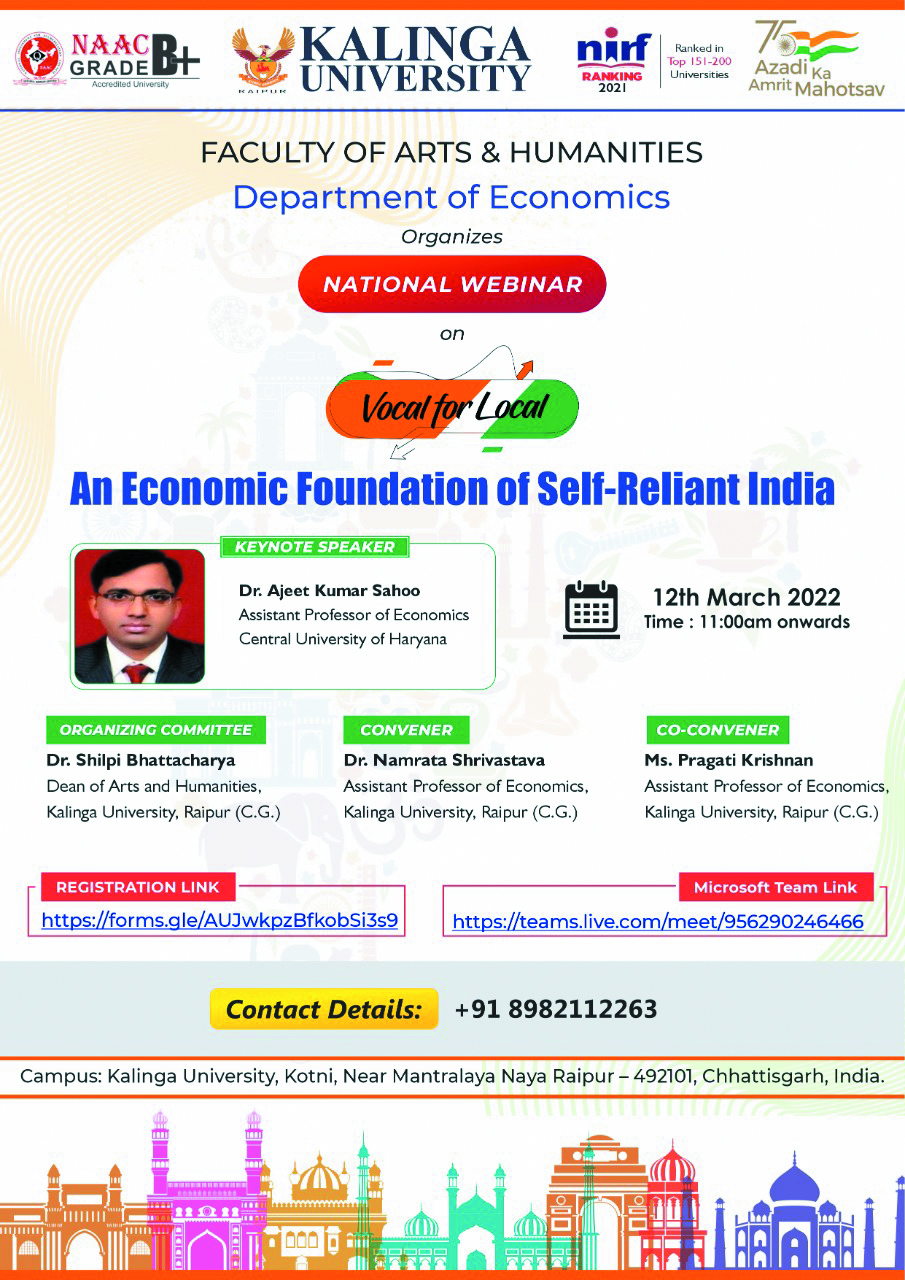 कलिंगा विश्वविद्यालय में वोकल फॉर लोकल-एन इकोनॉमिक फाउंडेशन ऑफ  सेल्फ रिलायंट इंडिया राष्ट्रीय वेबिनार आयोजित