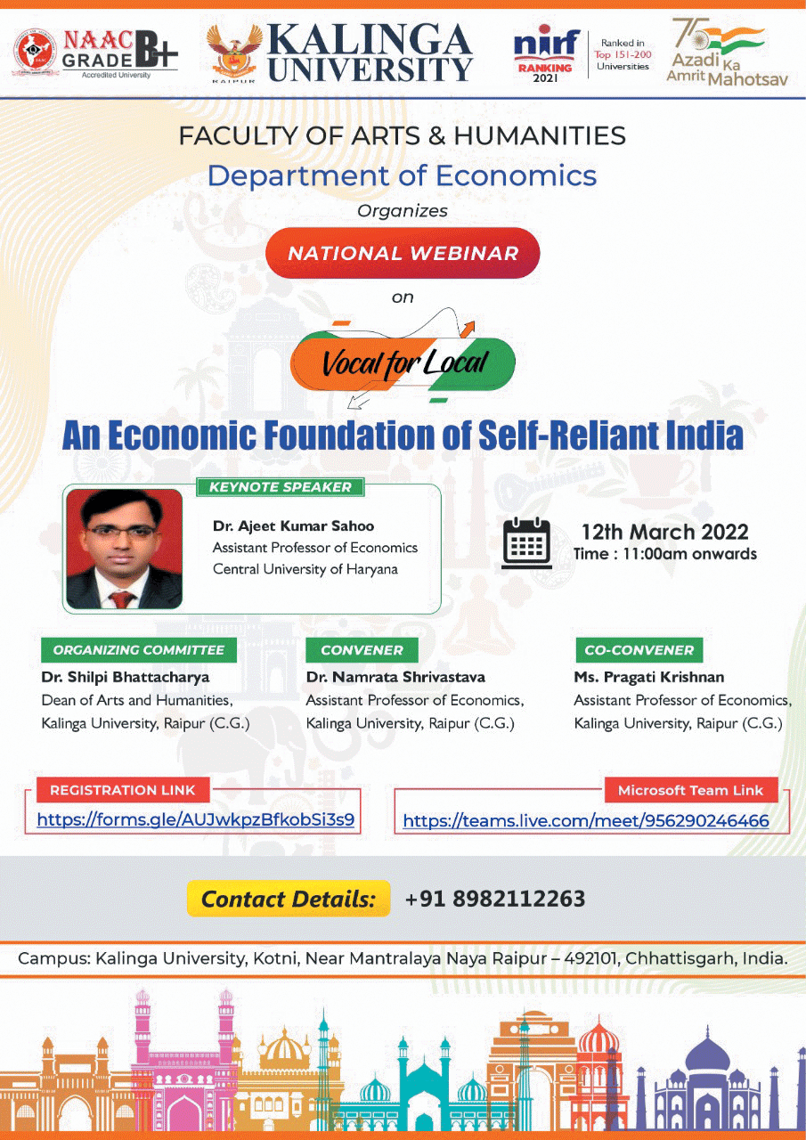 कलिंगा विश्वविद्यालय में वोकल फॉर लोकल-एन इकोनॉमिक फाउंडेशन ऑफ  सेल्फ रिलायंट इंडिया राष्ट्रीय वेबिनार आयोजित