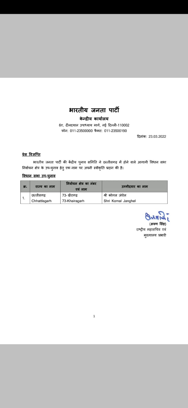 खैरागढ़ के लिए कोमल जंघेल भाजपा के प्रत्याशी