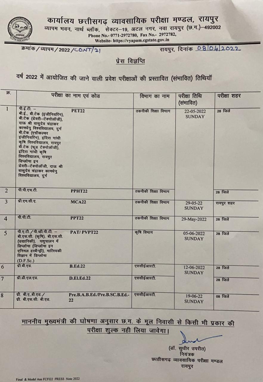 व्यापमं द्वारा आयोजित प्रवेश परीक्षाओं की संभावित तिथि जारी