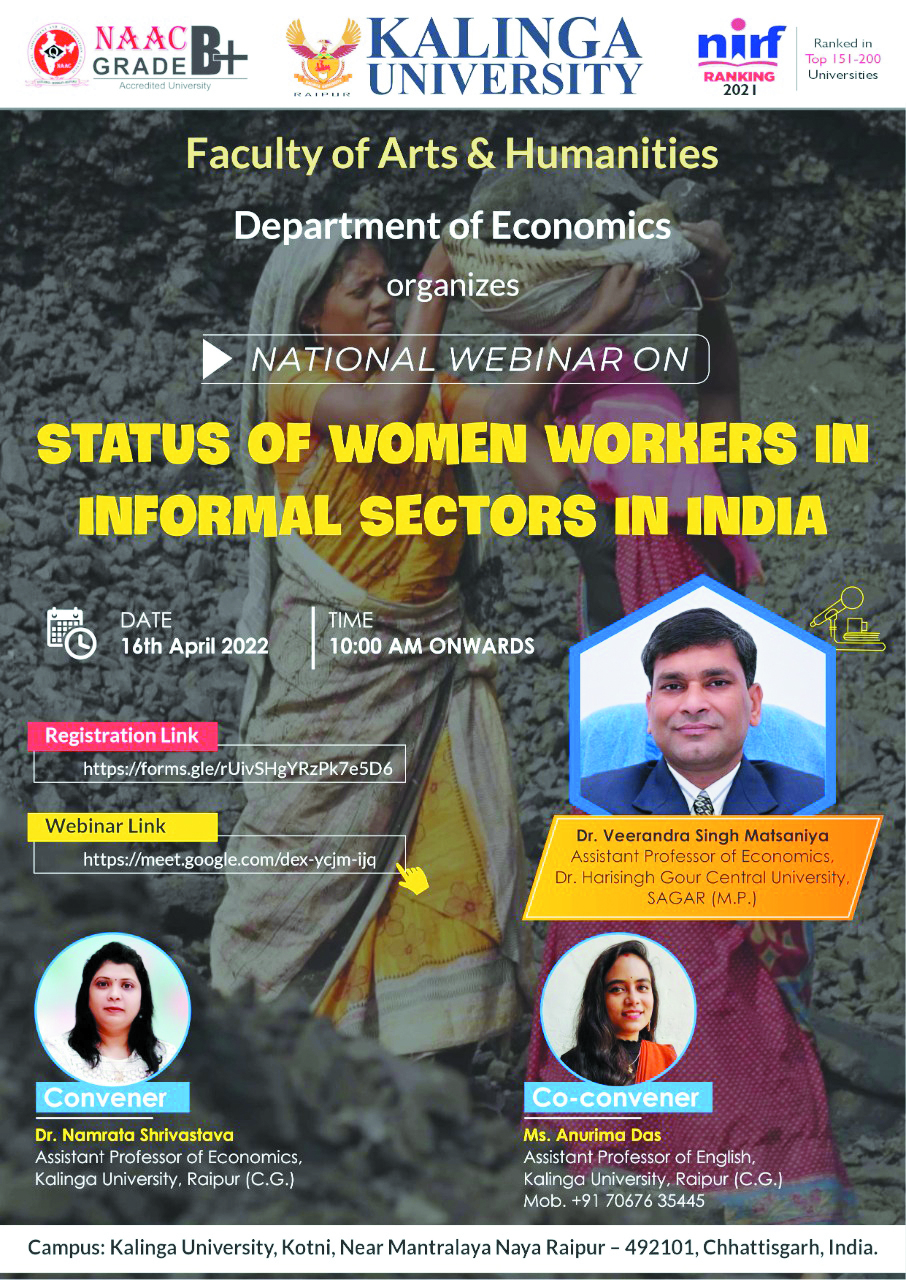 कलिंगा विश्वविद्यालय में भारत में अनौपचारिक क्षेत्रों में महिला श्रमिकों की स्थिति पर राष्ट्रीय वेबिनार का आयोजन