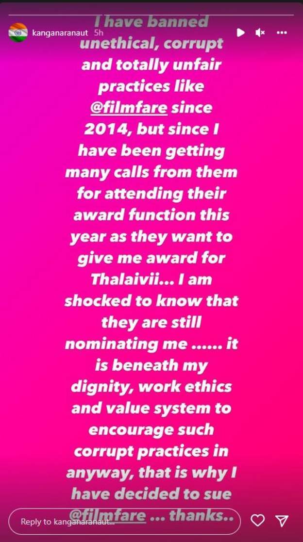 कंगना रनौत फ़िल्मफ़ेयर पर करेंगी केस लेकिन वजह है अलग