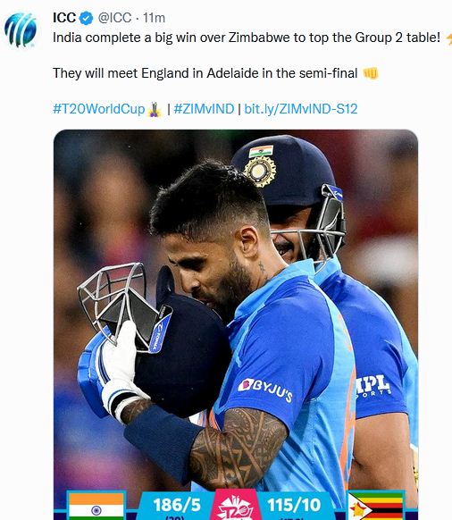 टी20 वर्ल्ड कप: सूर्यकुमार यादव के बाद गेंदबाज़ों का कमाल, ज़िम्बाब्वे को 71 रन से हराया