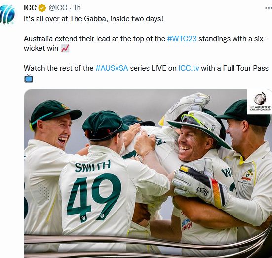 दो दिन चले टेस्ट मैच में ऑस्ट्रेलिया ने दक्षिण अफ़्रीका को छह विकेट से हराया