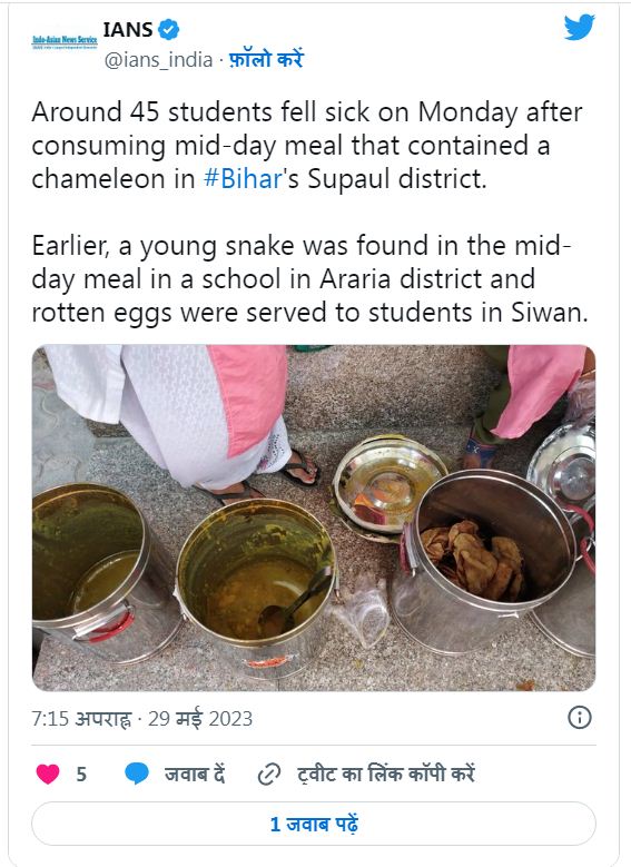 मिड डे मील में छिपकली मिलने का दावा, क़रीब 50 बच्चों की तबीयत बिगड़ी