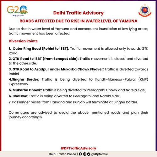 राजधानी के निचले इलाकों में बाढ़ के बीच दिल्ली ट्रैफिक पुलिस ने जारी की एडवाइजरी राजधानी के निचले इलाकों में बाढ़ के बीच दिल्ली ट्रैफिक पुलिस ने जारी की एडवाइजरी