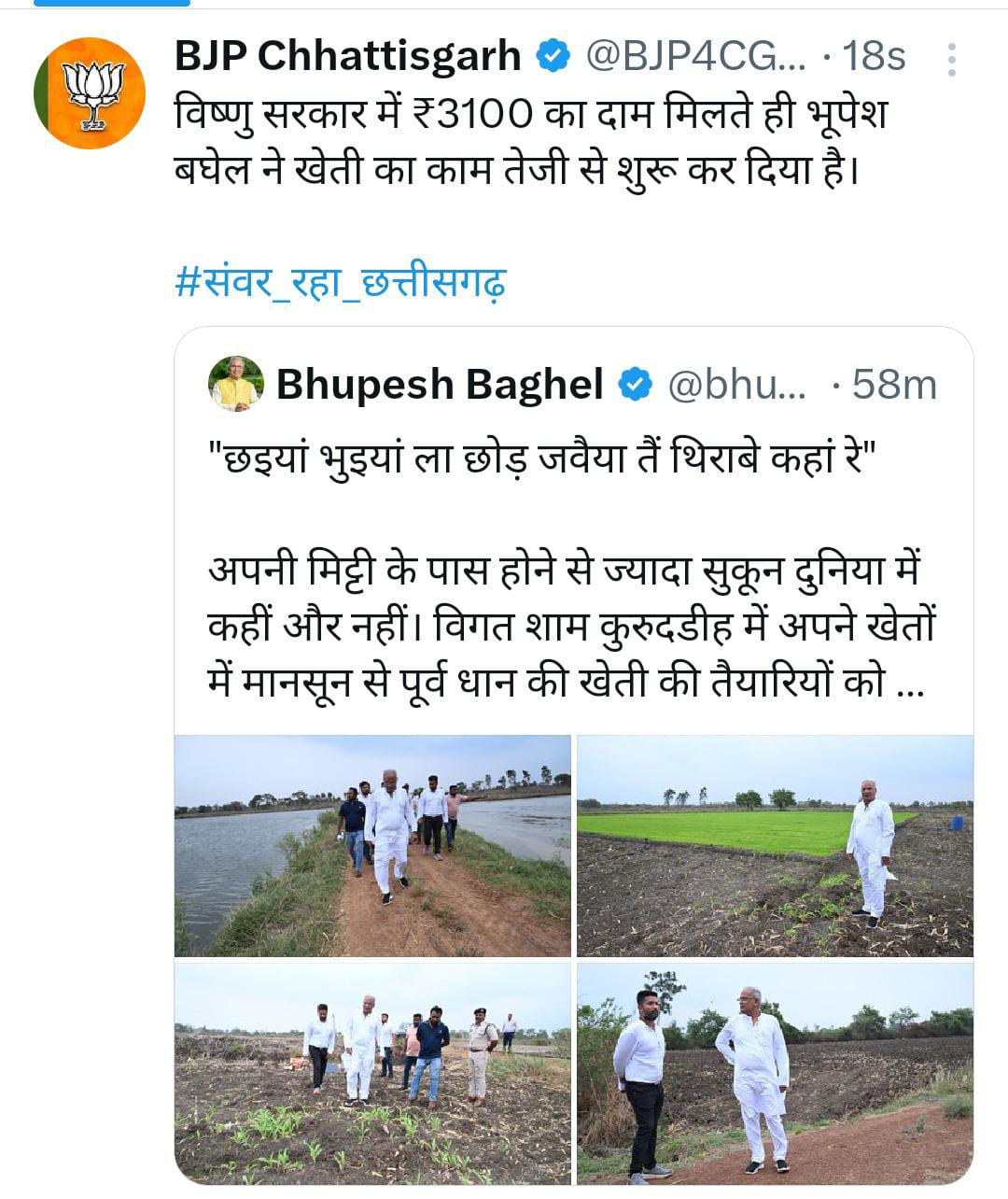 3100 रूपए का दाम मिलते ही बघेल खेती शुरू कर दी है -भाजपा 3100 रूपए का दाम मिलते ही बघेल खेती शुरू कर दी है -भाजपा