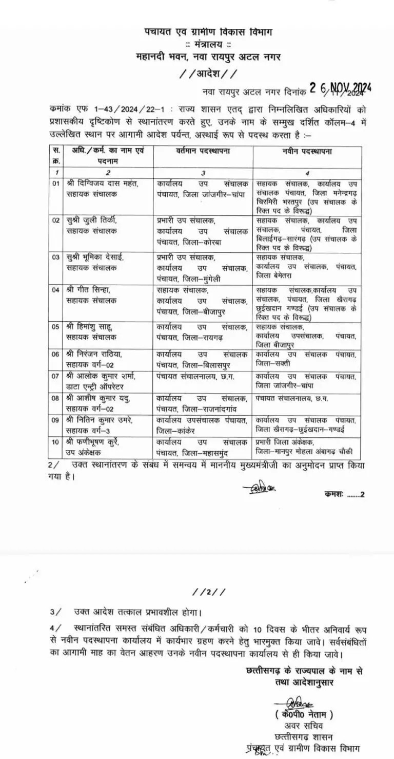 पंचायत एवं ग्रामीण विकास विभाग में तबादले 