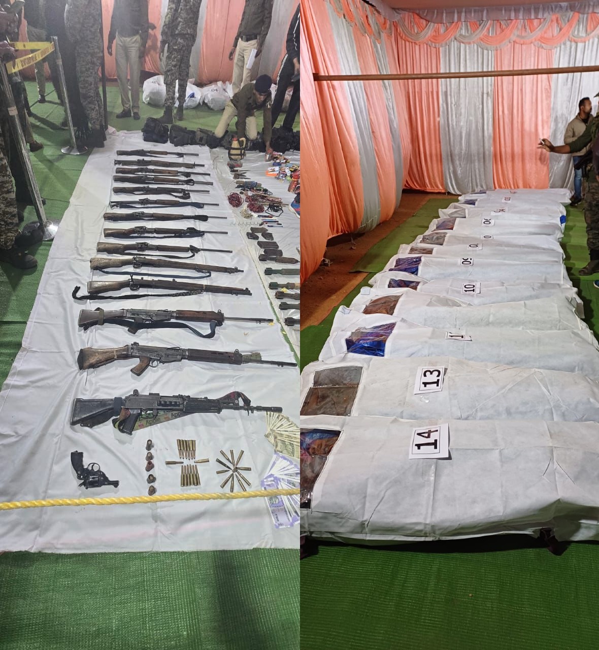नक्सलियों के शव और बरामद हथियार डिस्प्ले किए पुलिस ने 