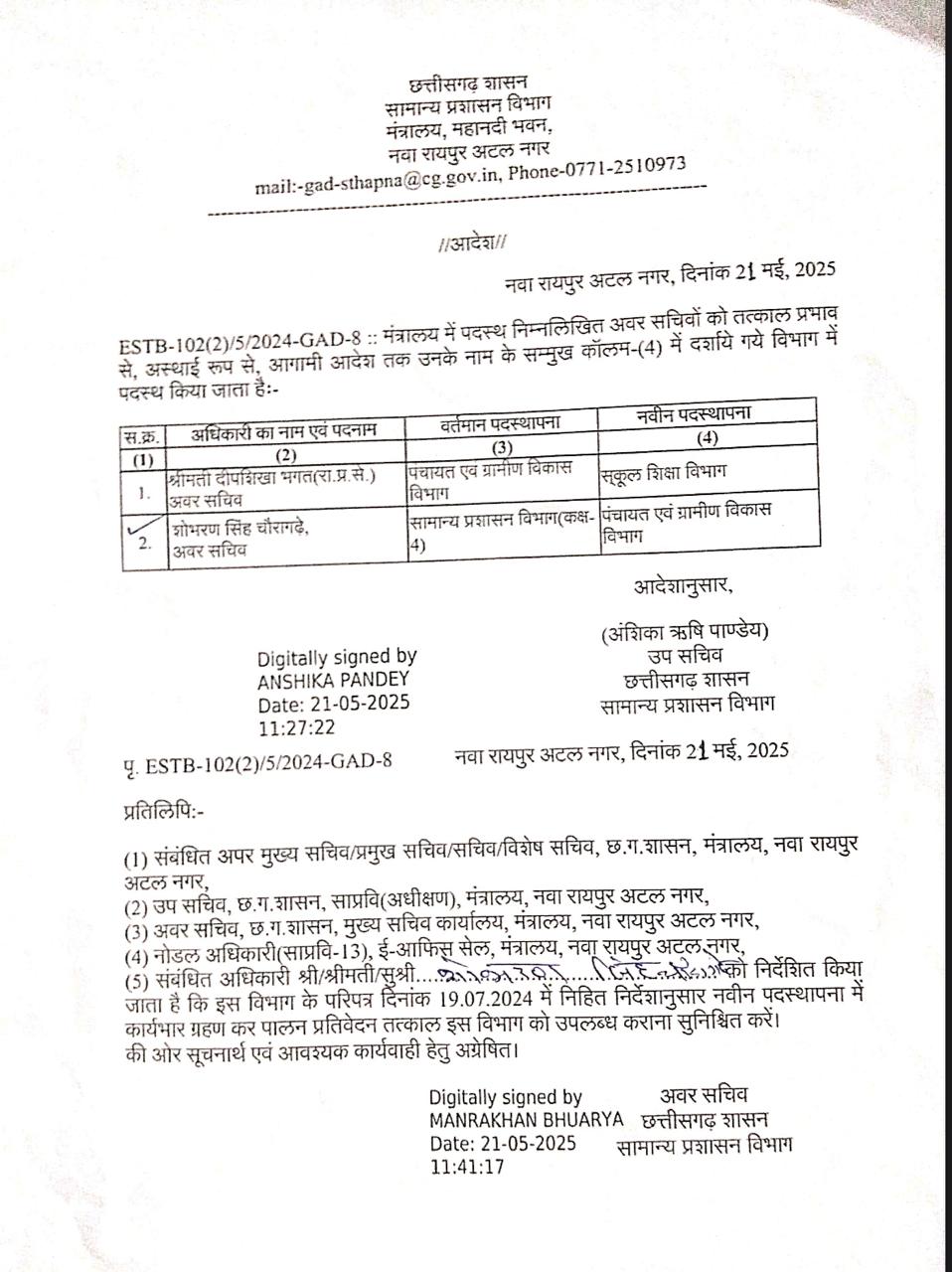 मंत्रालय में दो अवर सचिव, तीन एसओ के तबादले मंत्रालय में दो अवर सचिव, तीन एसओ के तबादले