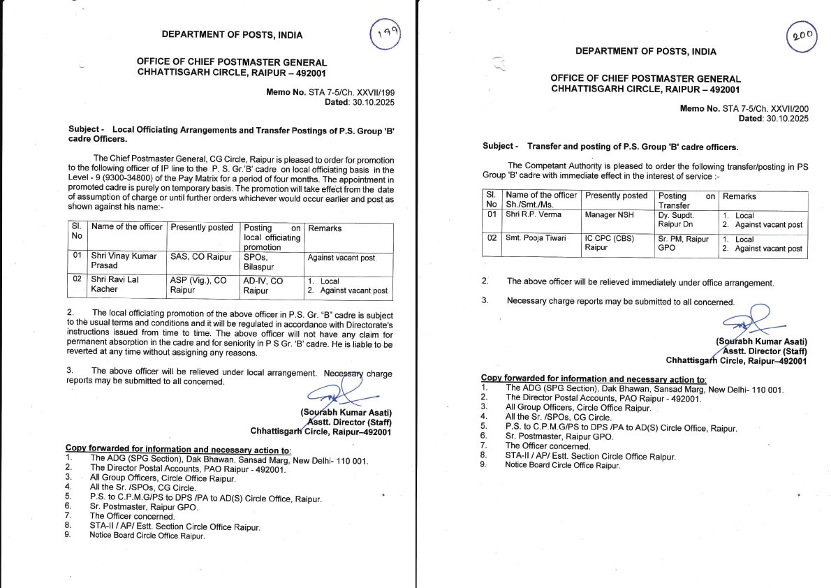 डाक विभाग में तबादले, पदोन्नतियां भी