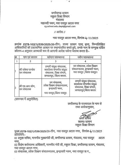 दो स्कूल शिक्षा अफसरों के तबादले