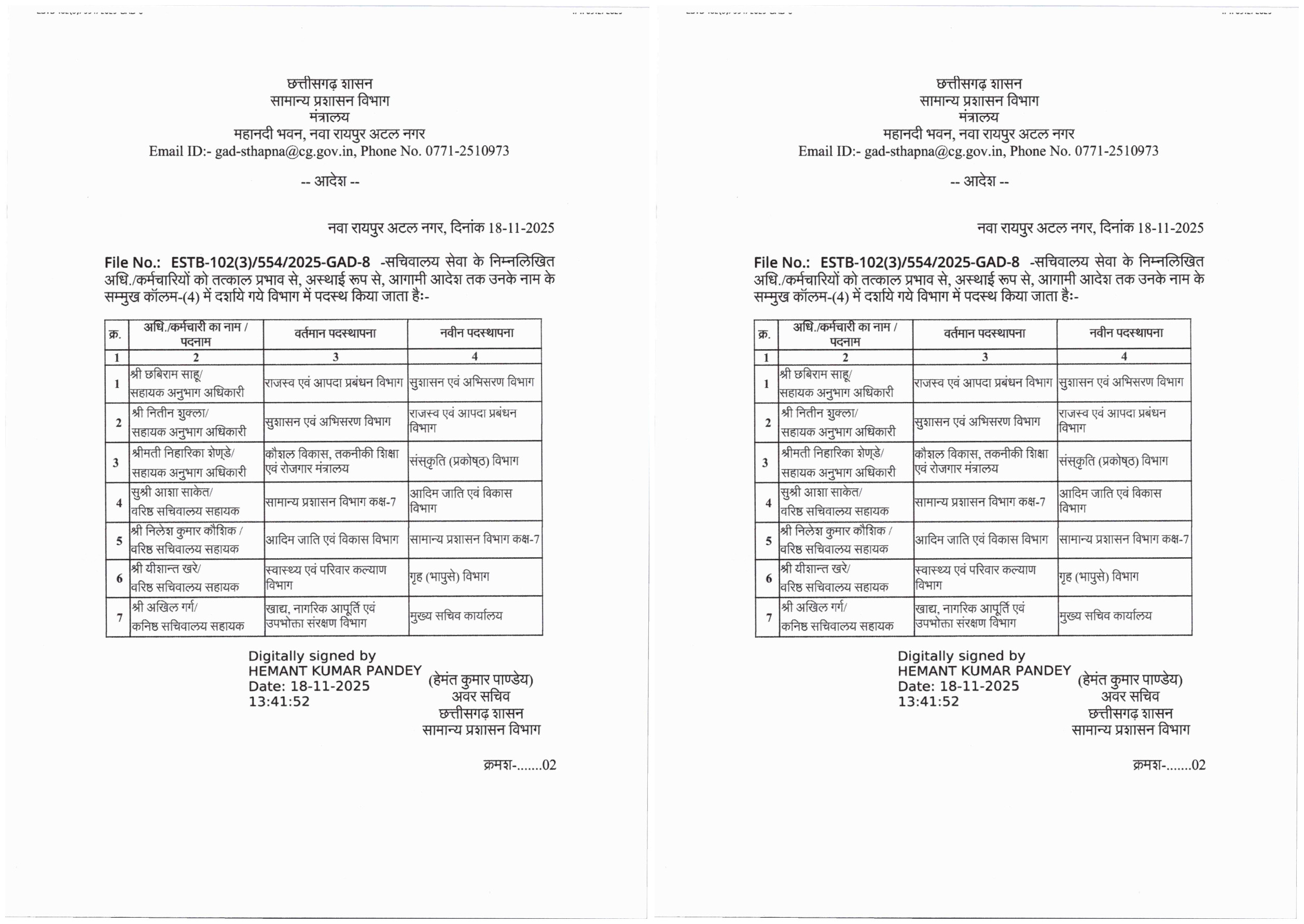 मंत्रालय संवर्ग के 11 एएस‌ओ, और 4 सचिवालय सहायकों के तबादले