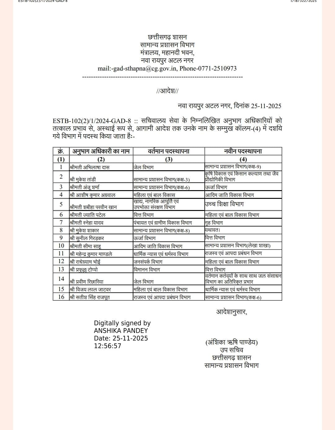 मंत्रालय के 16 अनुभाग अधिकारियों के तबादले