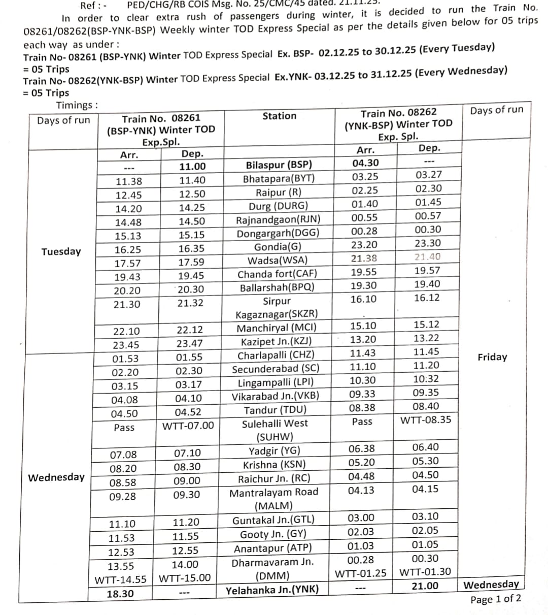 बिलासपुर- येलहंका (बेंगलुरु) के बीच दिसंबर में स्पेशल ट्रेन