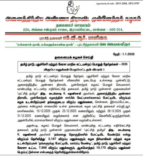 विधानसभा चुनाव 2026: पलानीस्वामी पर बढ़ा भरोसा, एआईएडीएमके को मिले 10,175 उम्मीदवारों के आवेदन 