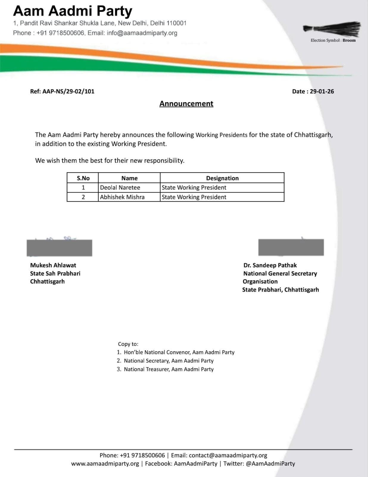 छत्तीसगढ़ में आप ने 2 नए कार्यकारी प्रदेश अध्यक्ष नियुक्त किए