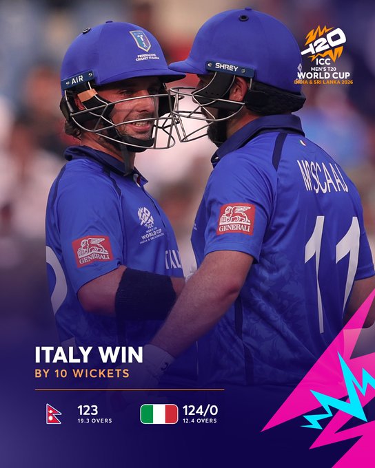 इटली ने नेपाल को 10 विकेट से रौंदकर टी20 विश्व कप में पहली जीत दर्ज की