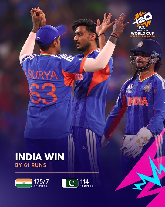 आईसीसी टी20 विश्व कप : भारत ने पाकिस्तान को 61 रन से हराकर सुपर आठ के लिए क्वालीफाई