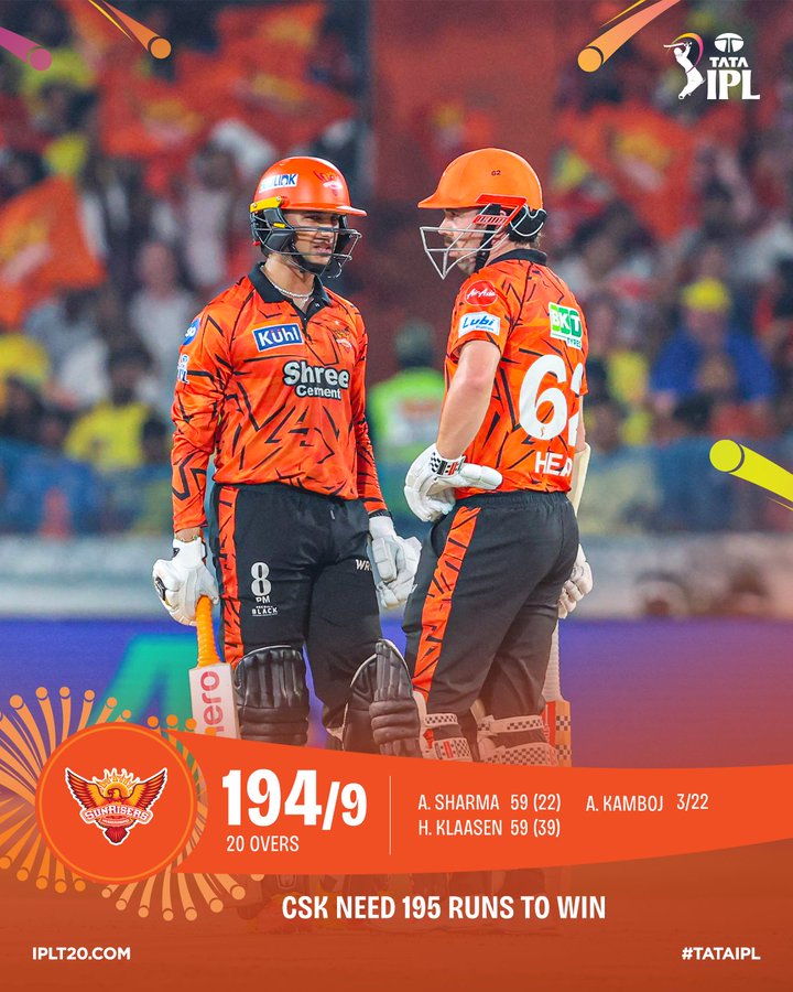 सीएसके ने सनराइजर्स हैदराबाद को नौ विकेट पर 194 रन पर रोका