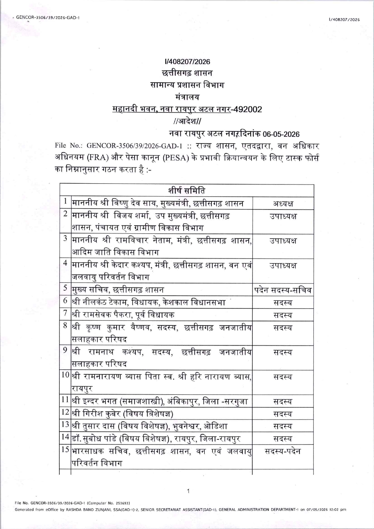 वन अधिकार एक्ट,पेसा कानून के क्रियान्वयन के लिए सीएम की टास्क फोर्स  गठित 