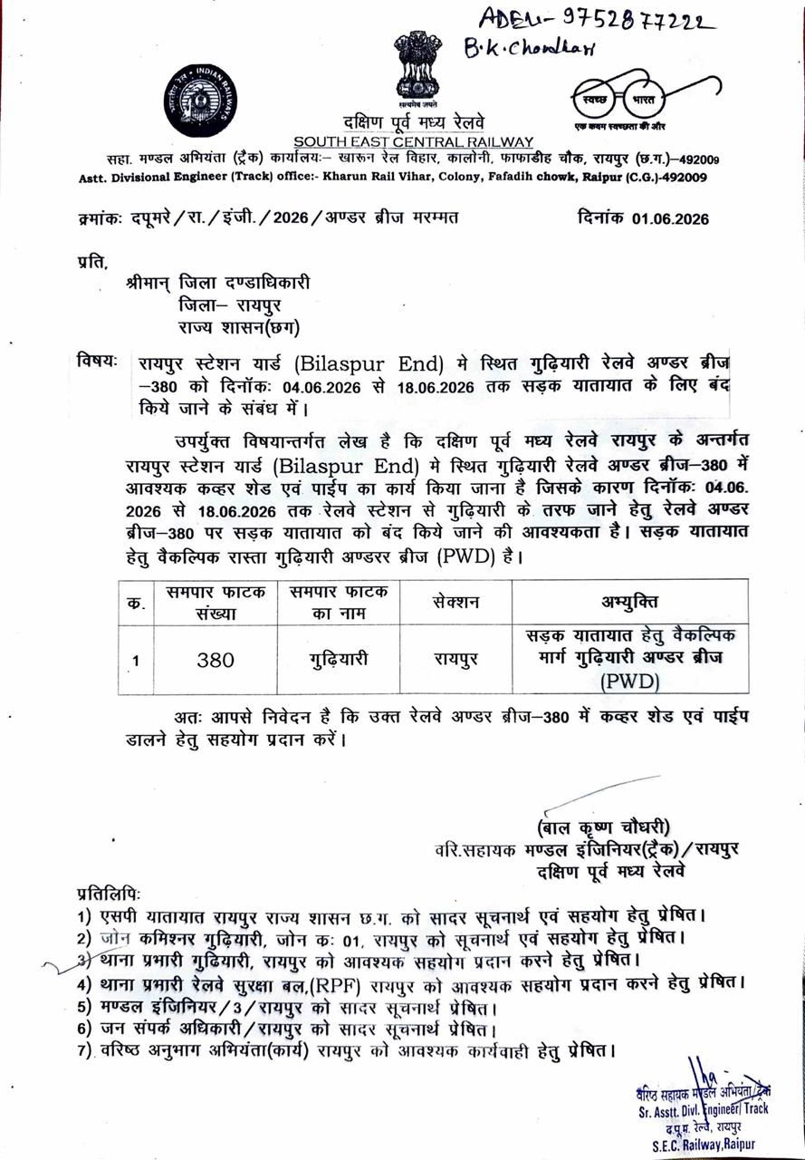 गुढ़ियारी  रेलवे अंडर ब्रिज 14 दिन बंद, रोड ट्रैफिक डायवर्ट किया गया 
