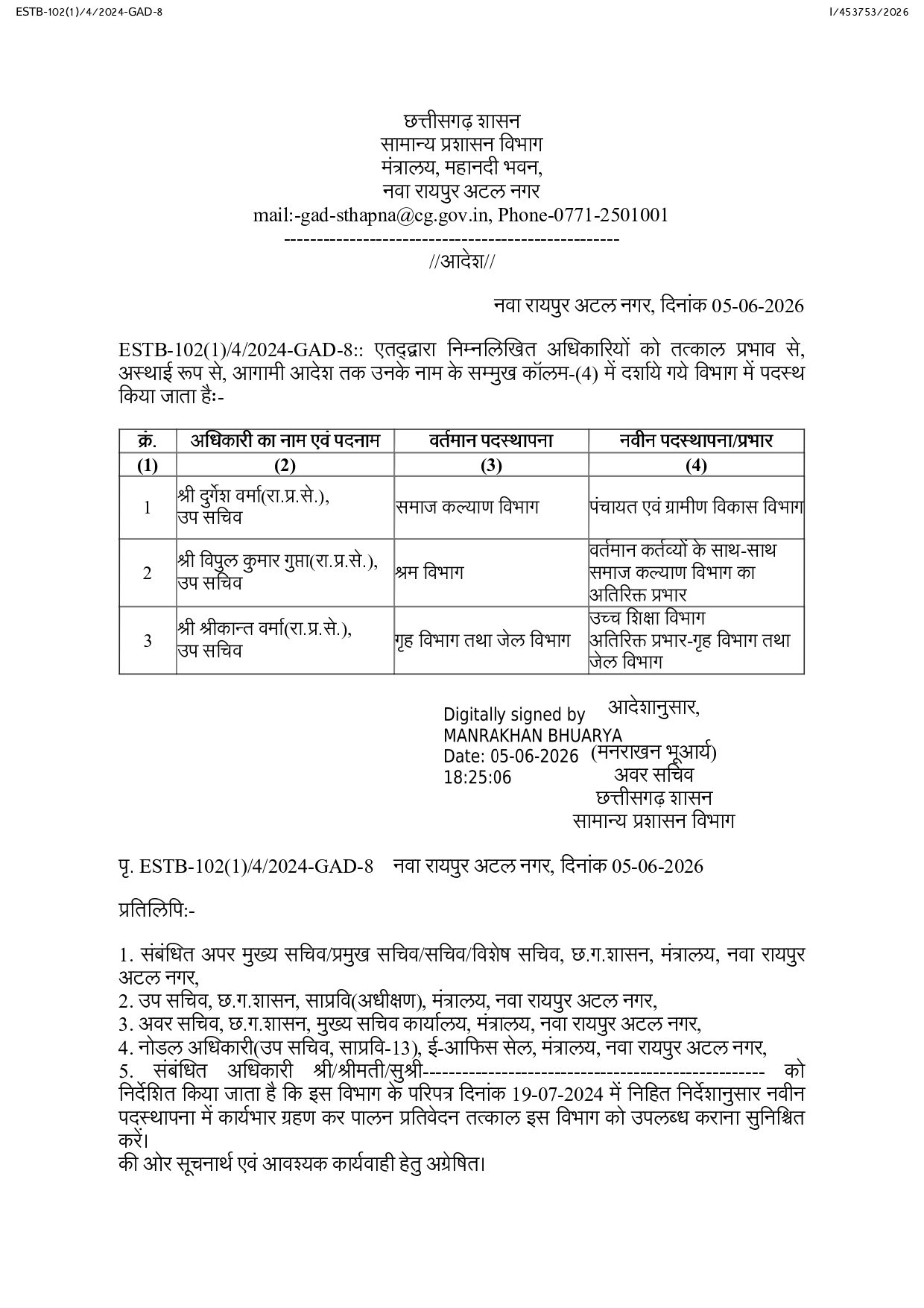 3 उप सचिव, 4 एस‌ओ के विभाग बदले गए 