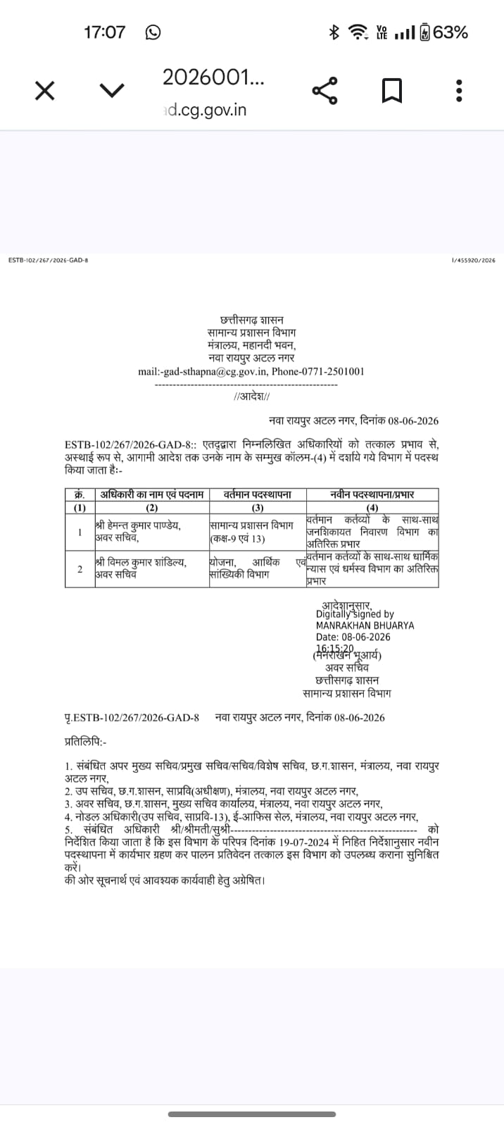दो अवर सचिवों को अतिरिक्त प्रभार