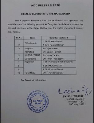 राजीव शुक्ला, और रंजीत रंजन प्रत्याशी घोषित