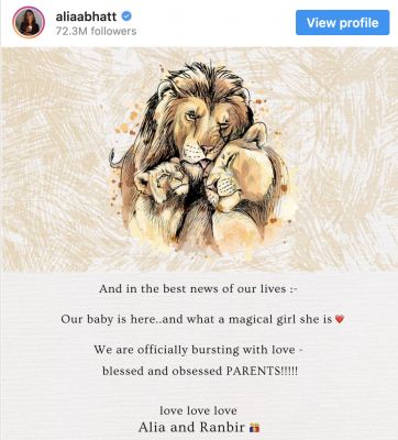 आलिया भट्ट ने बेटी को दिया जन्म, प्यार भरे संदेश से बताया