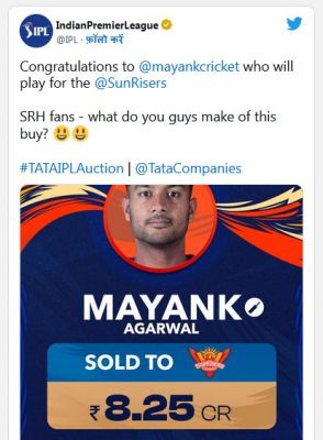 आईपीएल की नीलामी: सनराइजर्स हैदराबाद ने मयंक अग्रवाल को 8.25 करोड़ में खरीदा