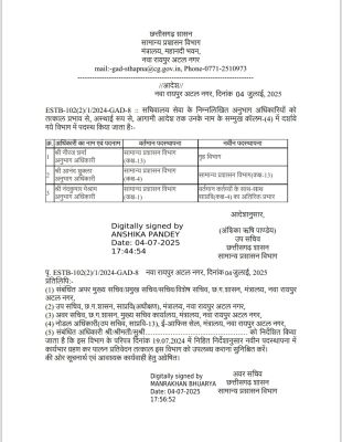 मंत्रालय संवर्ग के तीन अनुभाग अधिकारियों के तबादले