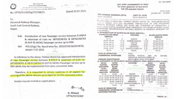 संगम नगरी राजिम तक रायपुर से लोकल ट्रेन चलाने हरी झंडी, नवा रायपुर होकर चलेगी 