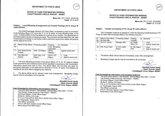 डाक विभाग में तबादले, पदोन्नतियां भी