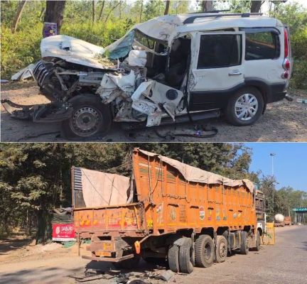 खड़े ट्रक से टकराई स्कॉर्पियो, पिता-पुत्र समेत 5 मौतें, 7 जख्मी 