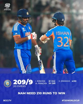 इशान और हार्दिक के अर्धशतक, भारत ने नामीबिया को 210 रन का लक्ष्य दिया