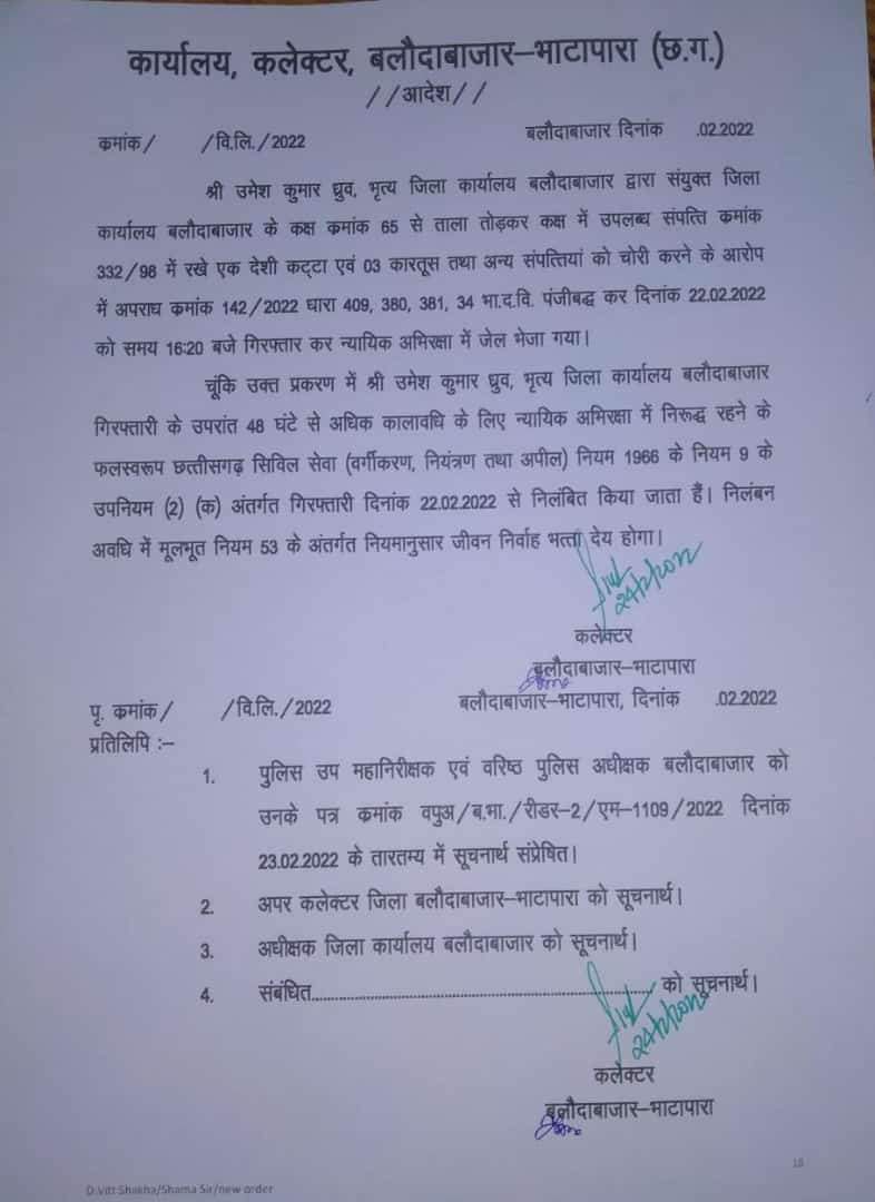  जिला कार्यालय में चोरी के आरोपी 2 कर्मी निलंबित
