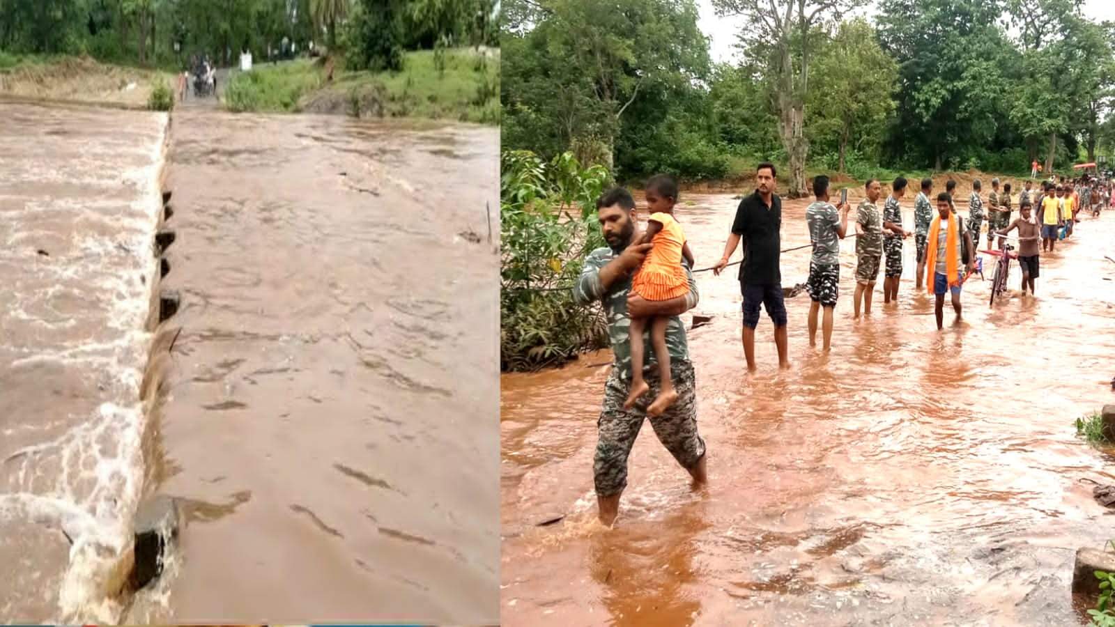 नदियां उफनाईं, पुल से ऊपर बह रहा पानी, जवान मानव श्रृंखला बनाकर करवा रहे पार