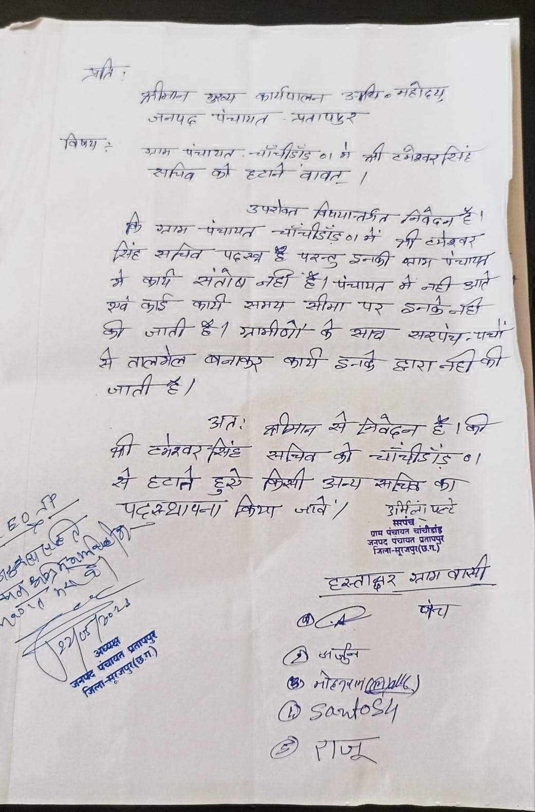 सचिव की मनमानी से परेशान सरपंच व पंचों ने की सीईओ से शिकायत, हटाने की मांग