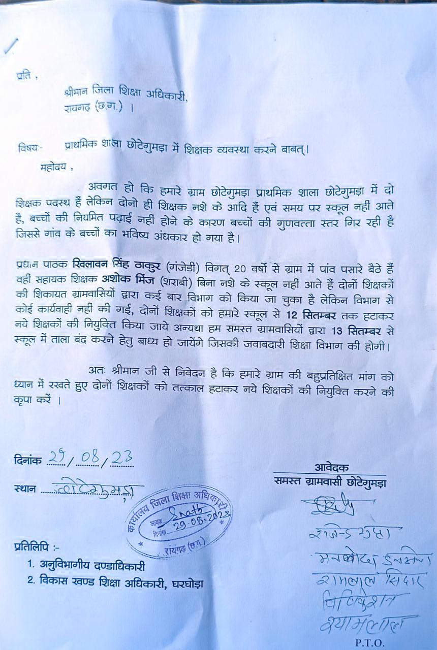 ग्रामीणों ने जिला शिक्षा अधिकारी से की नशेड़ी शिक्षक की शिकायत ग्रामीणों ने जिला शिक्षा अधिकारी से की नशेड़ी शिक्षक की शिकायत