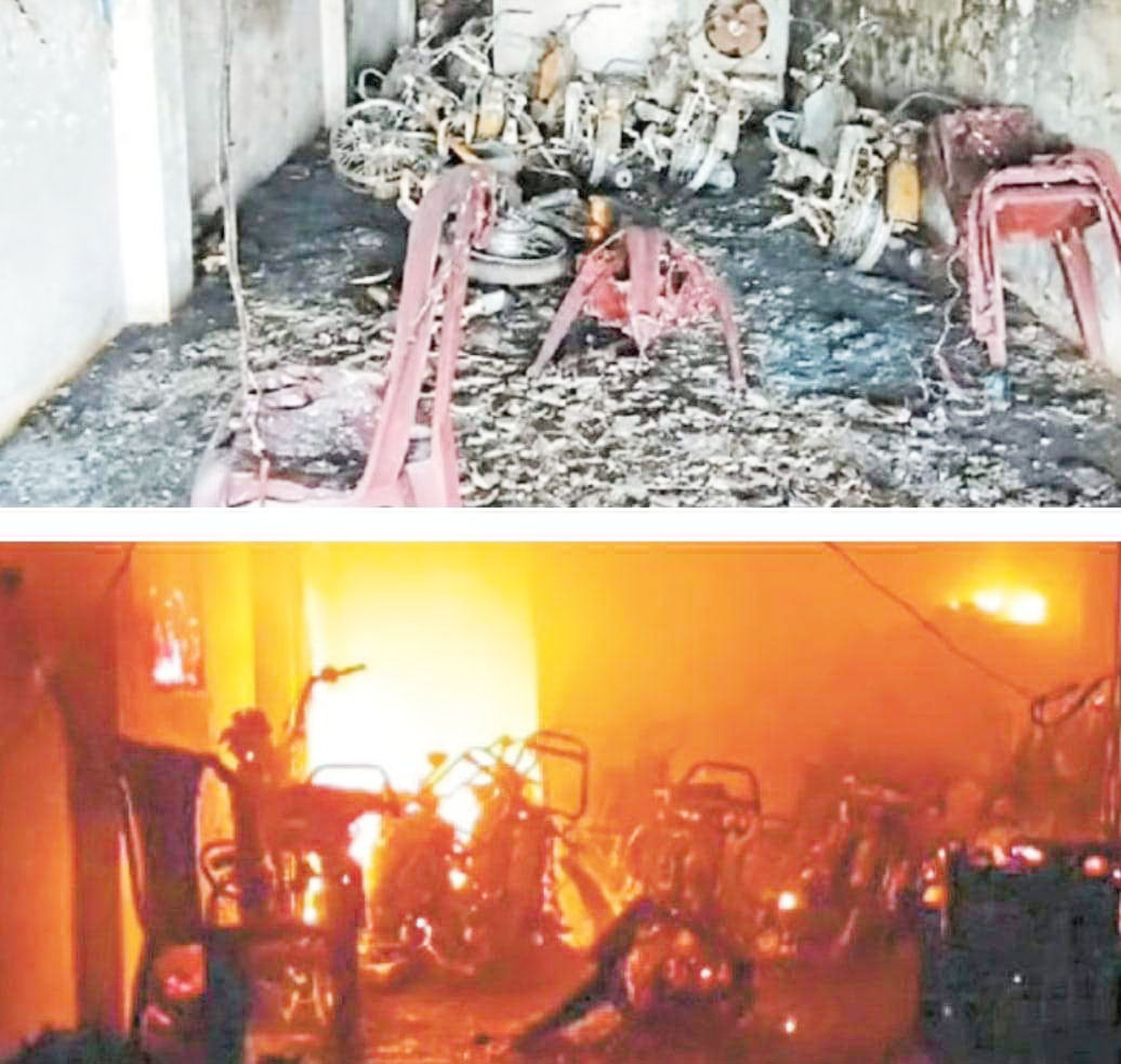 बाइक शो रूम में लगी आग, 13 बाइक, टायर, बैटरी व पॉर्ट्स खाक