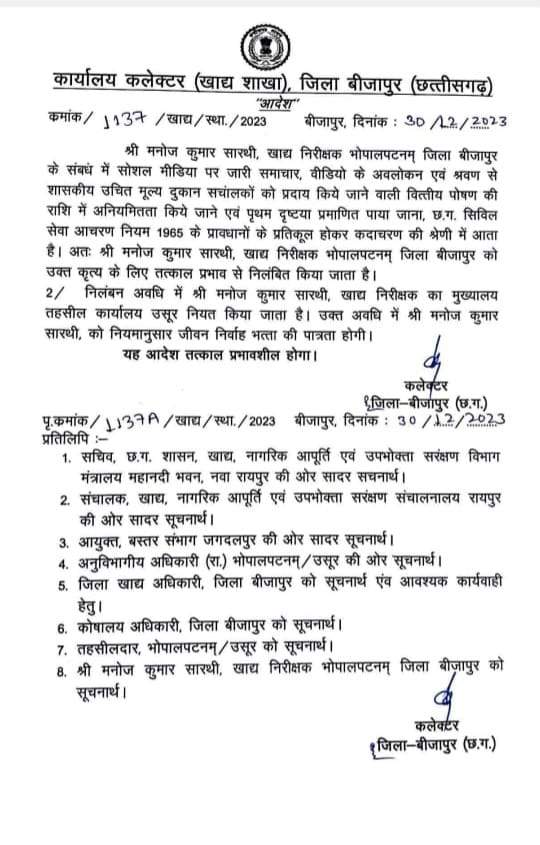 वित्तीय पोषण की राशि में अनियमितता, खाद्य निरीक्षक निलंबित वित्तीय पोषण की राशि में अनियमितता, खाद्य निरीक्षक निलंबित