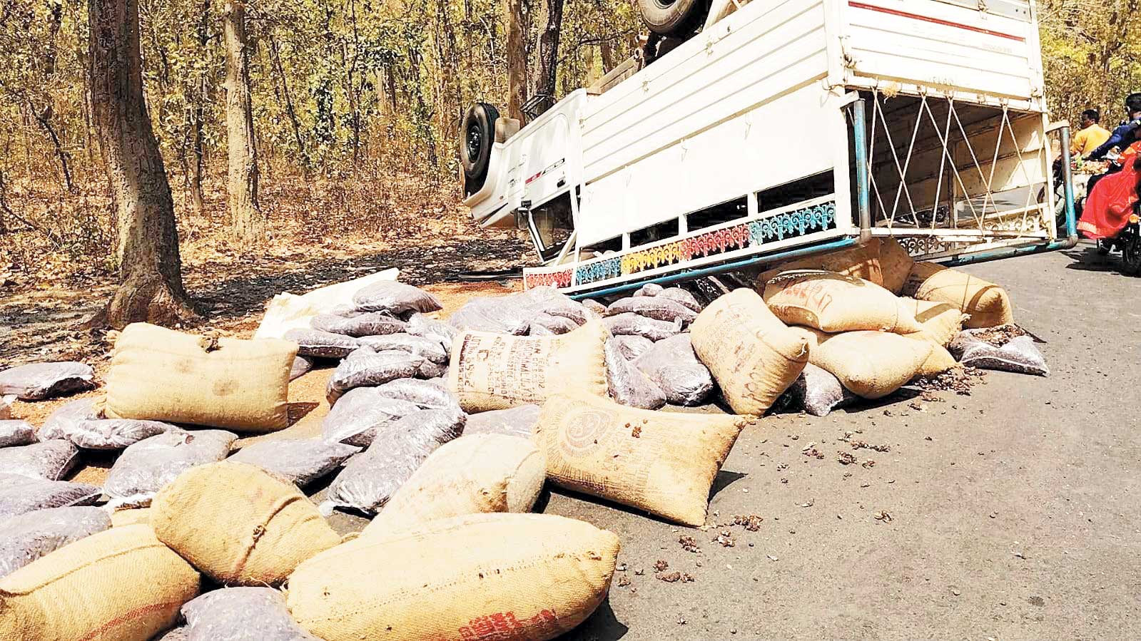 टायर फटने से पलटी पिकअप, बाल-बाल बचे सवारी