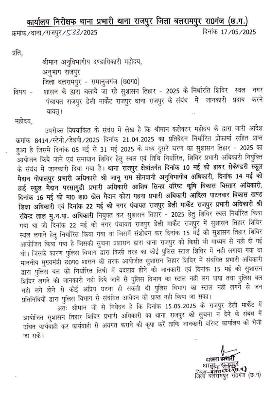 एसडीएम को लिखा पत्र, कहा शिविर की सूचना ही नहीं दी गई थी