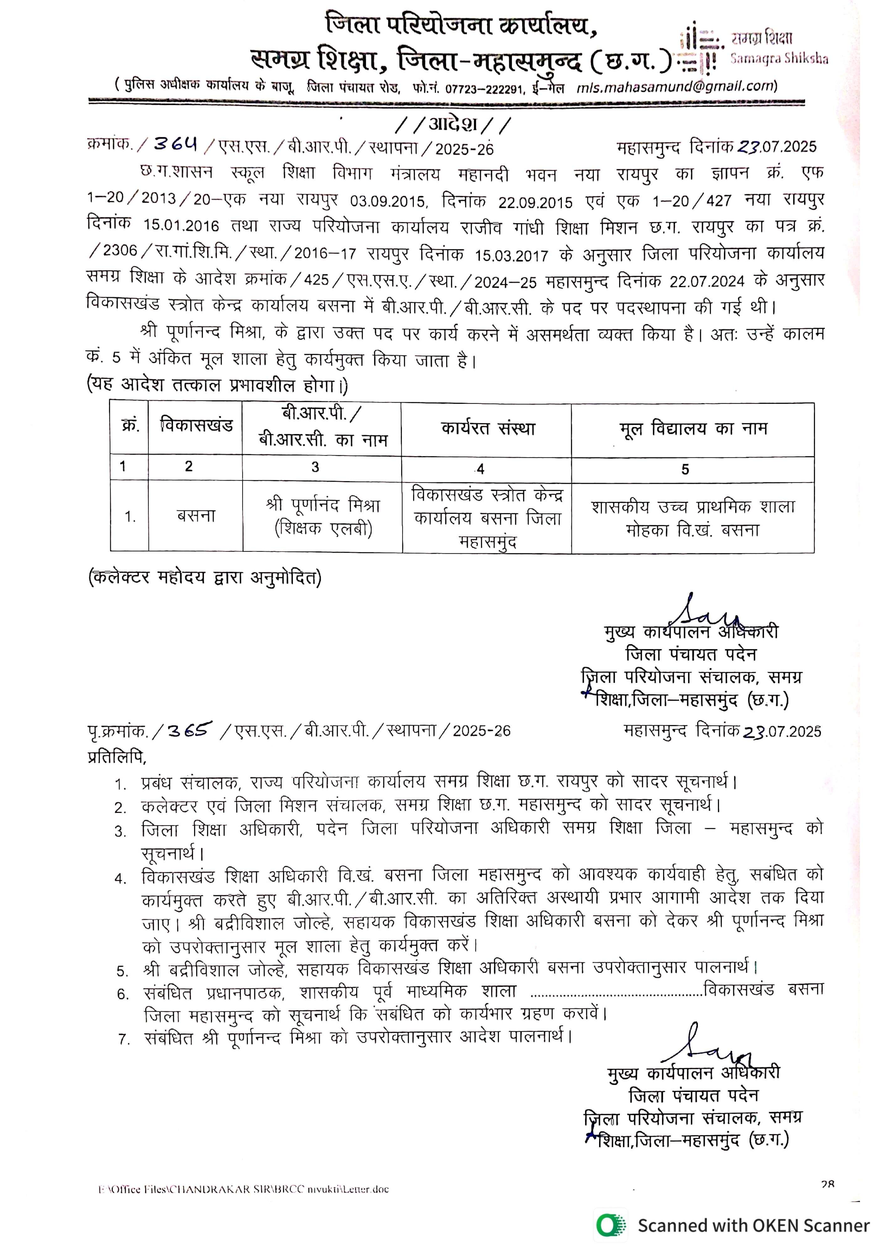 बीआरसी पूर्णानन्द मिश्रा की मूल शाला में वापसी, बसना का प्रभार बद्री विशाल को बीआरसी पूर्णानन्द मिश्रा की मूल शाला में वापसी, बसना का प्रभार बद्री विशाल को