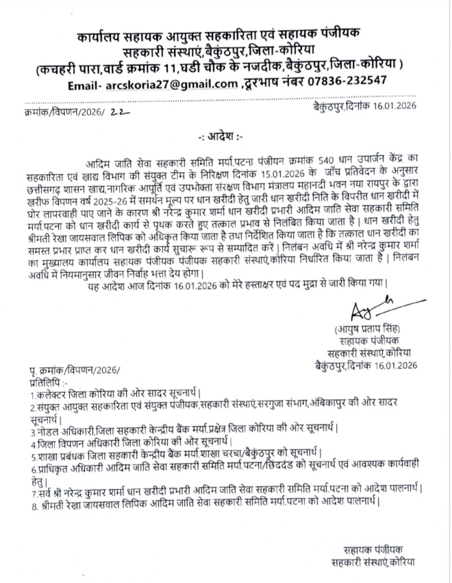धान खरीदी में अनियमितता: प्रबंधक निलंबित, दो कर्मियों को काम से हटाने के आदेश
