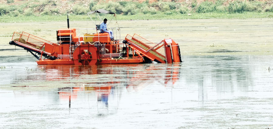  दलपत सागर के जीर्णोद्धार और सफ़ाई कार्यों में देरी, वीड़ हार्वेस्टिंग मशीन से काम शुरू