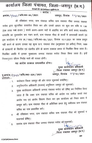 काम में लापरवाही-गबन,गिधा पंचायत सचिव निलंबित