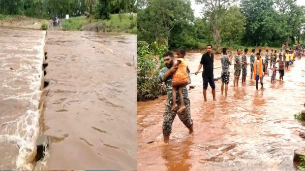 नदियां उफनाईं, पुल से ऊपर बह रहा पानी, जवान मानव श्रृंखला बनाकर करवा रहे पार